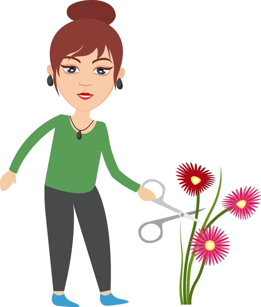 Frau schneidet Blumen, Illustration, Vektor auf weißem Hintergrund.