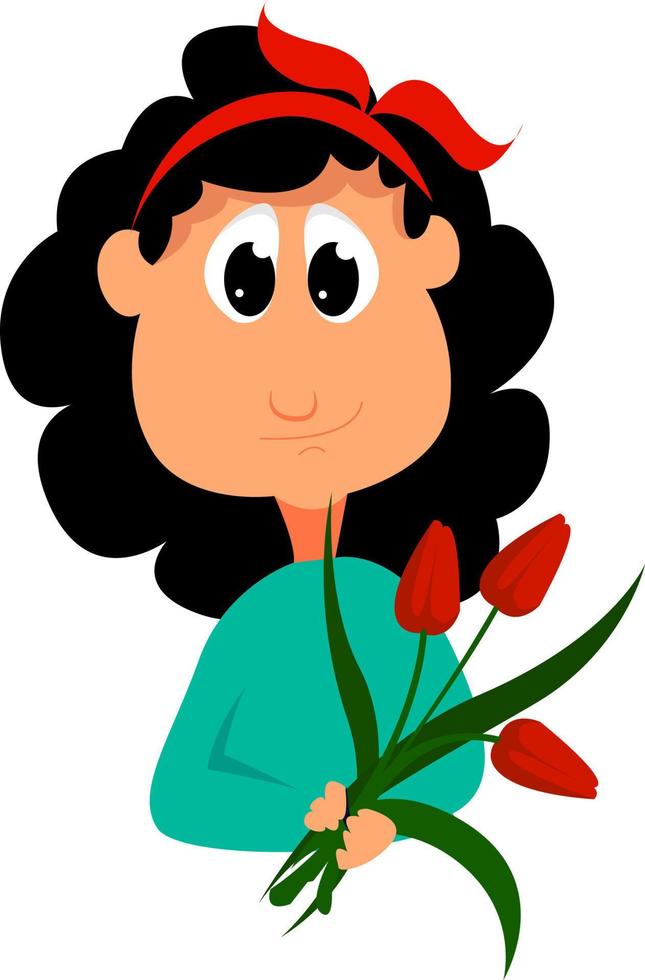 flicka med blommor, illustration, vektor på vit bakgrund.