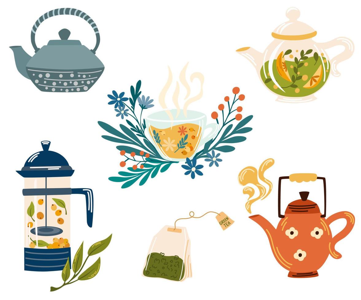 ört- te uppsättning. råna med te bär och löv samling. varm naturlig dryck för hälsa. apotekare av naturlig wellness affisch, organisk, ört- te, vild blommor och örter. vektor illustration
