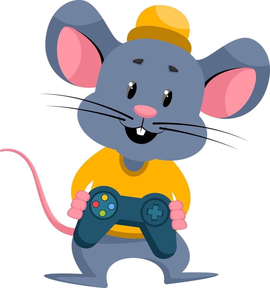 Maus mit Gamepad, Illustration, Vektor auf weißem Hintergrund.