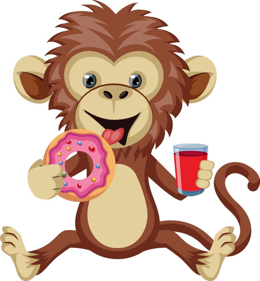 Affe mit Donut, Illustration, Vektor auf weißem Hintergrund.