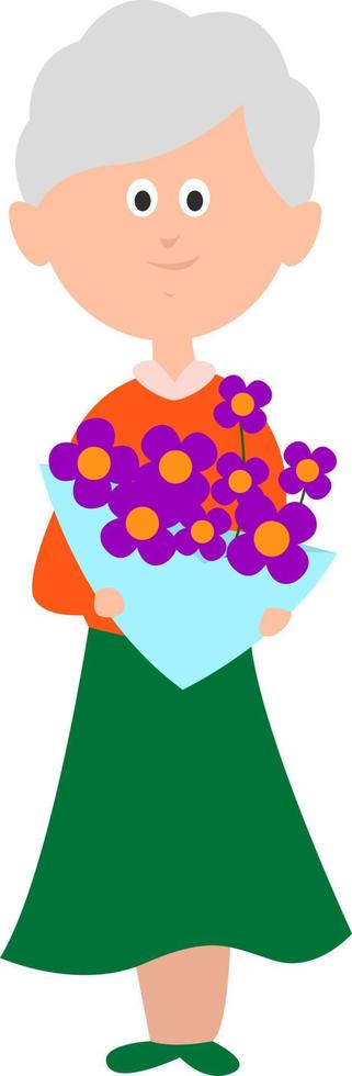 Oma mit Blumen, Illustration, Vektor auf weißem Hintergrund.