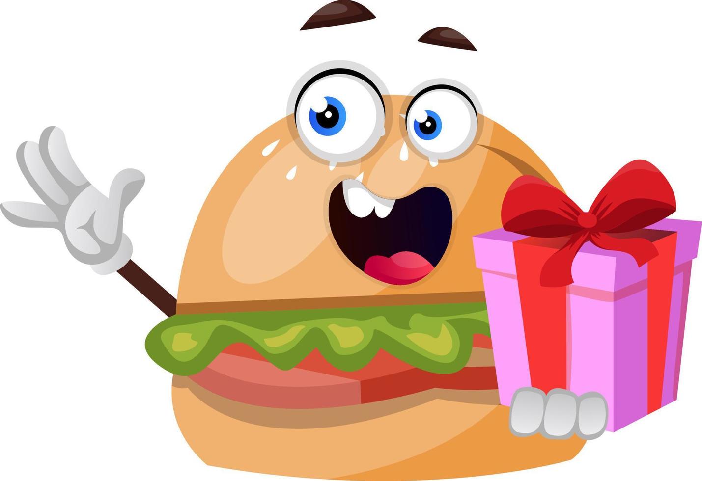 Burger mit Geburtstagsgeschenk, Illustration, Vektor auf weißem Hintergrund.