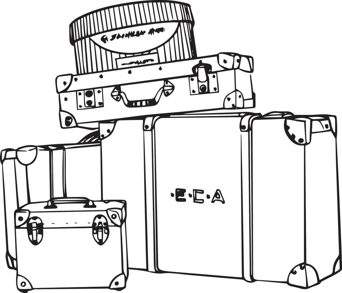 årgång resväskor svart och vit vektor teckning. för färg och illustration böcker