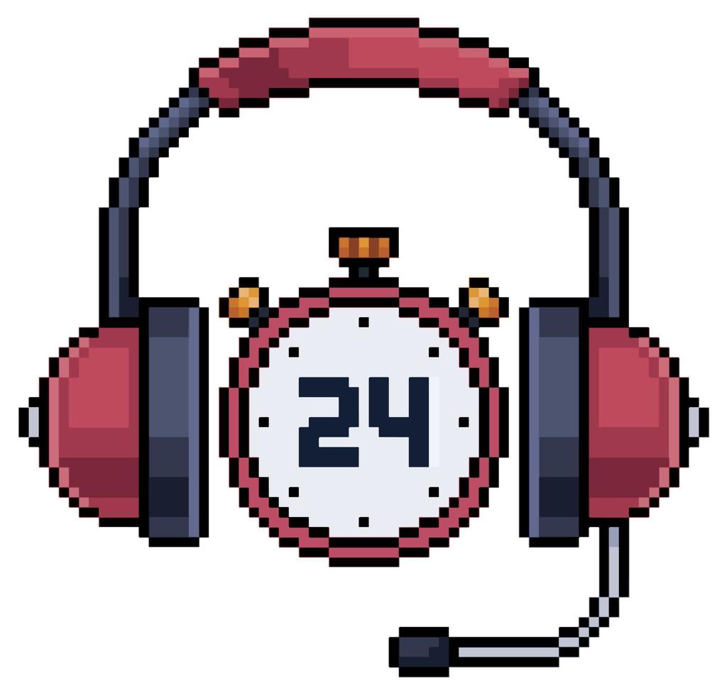 Pixel-Art-Headset mit Uhrensymbol, 24-Stunden-Support-Vektorsymbol für 8-Bit-Spiel auf weißem Hintergrund vektor