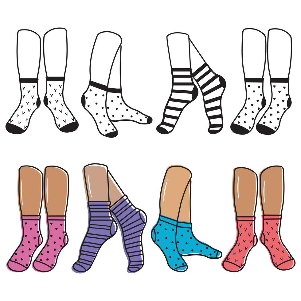färgad strumpor på fötter, Färg vektor isolerat tecknad stil illustration
