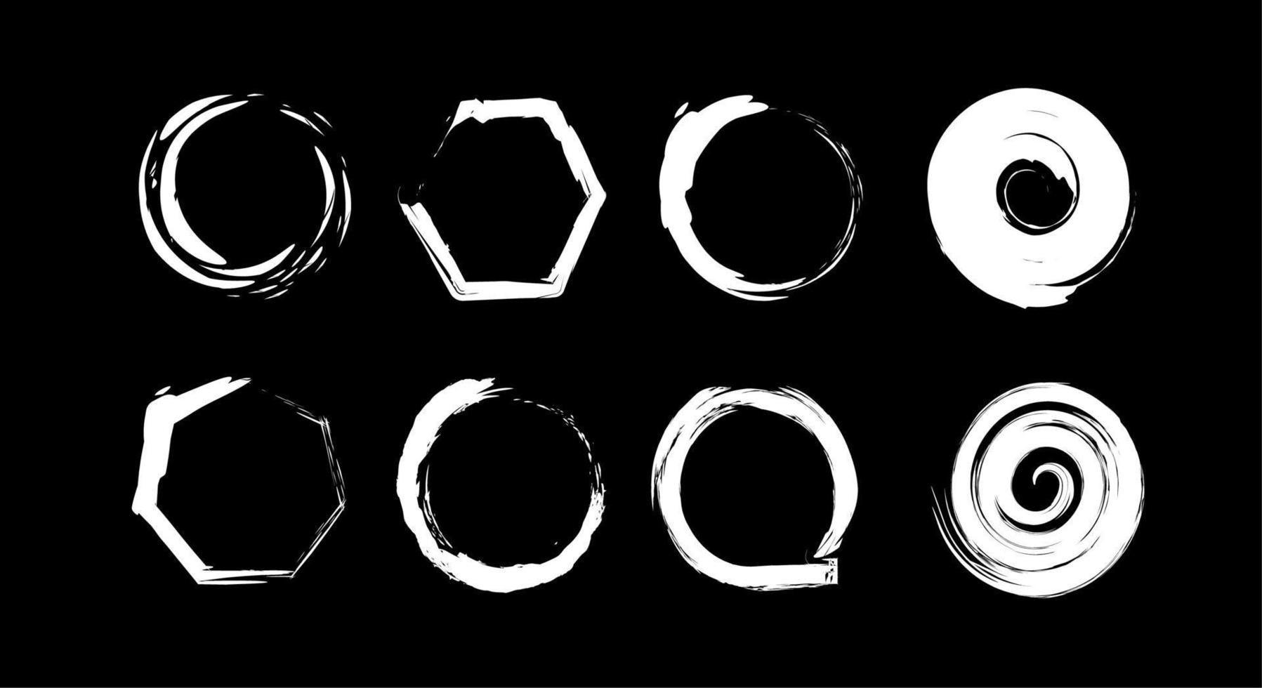 en uppsättning av grunge fyrkant, runda, utsmyckad, triangulär, hexagonal, diamant, vit ramar. vektor element för design design. universell symboler och element. svart bakgrund.