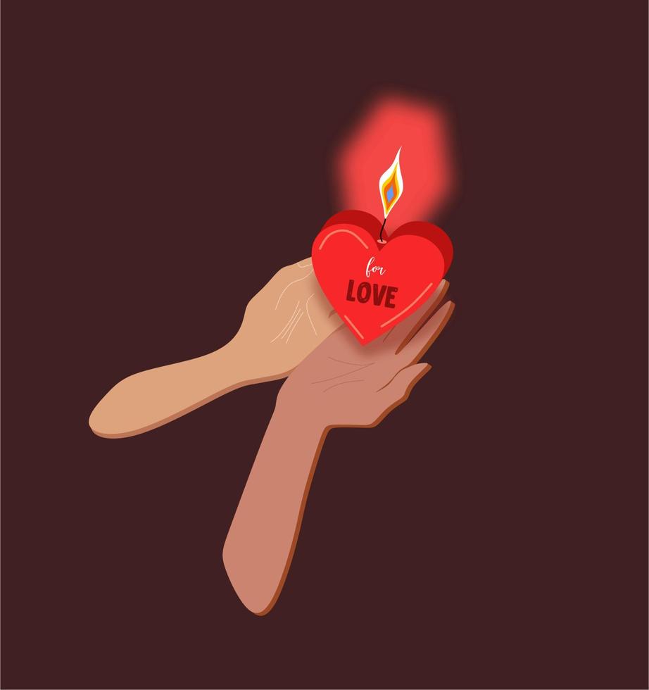 dunkelbrauner hintergrund, hände halten eine brennende kerze in form eines roten herzens, ein rosa glühen um die kerze. stimmungsvolle Illustration des Symbols der Liebe. zwei verschiedene Hände hell und dunkel. vektor
