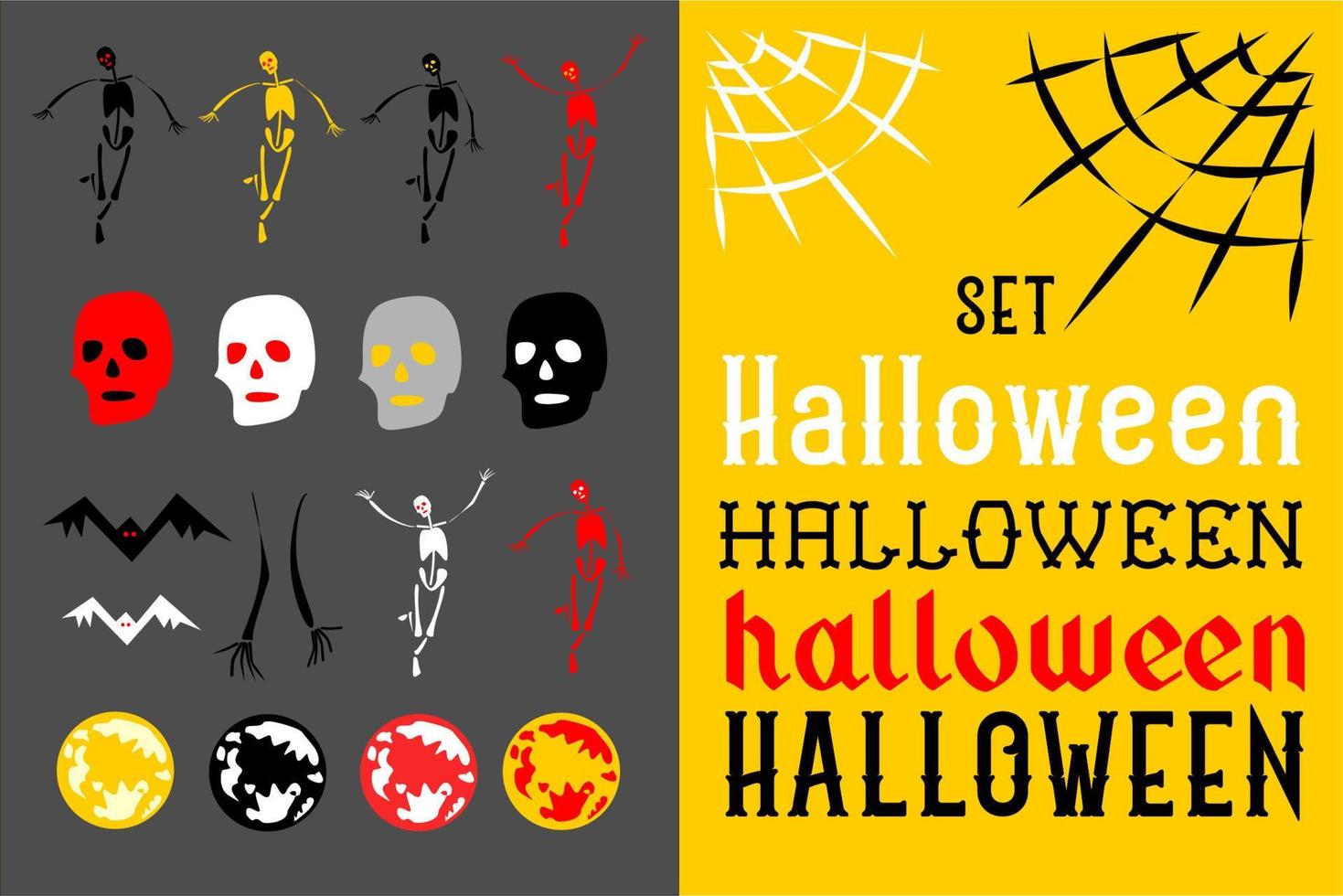Halloween-Set. Skelette schwarz, rot, gelb, weiß. Fledermäuse, Schädel und Körperteile. Vollmond, Vollmond, rot, schwarz, gelb. Text mit dem Wort Halloween. vektor