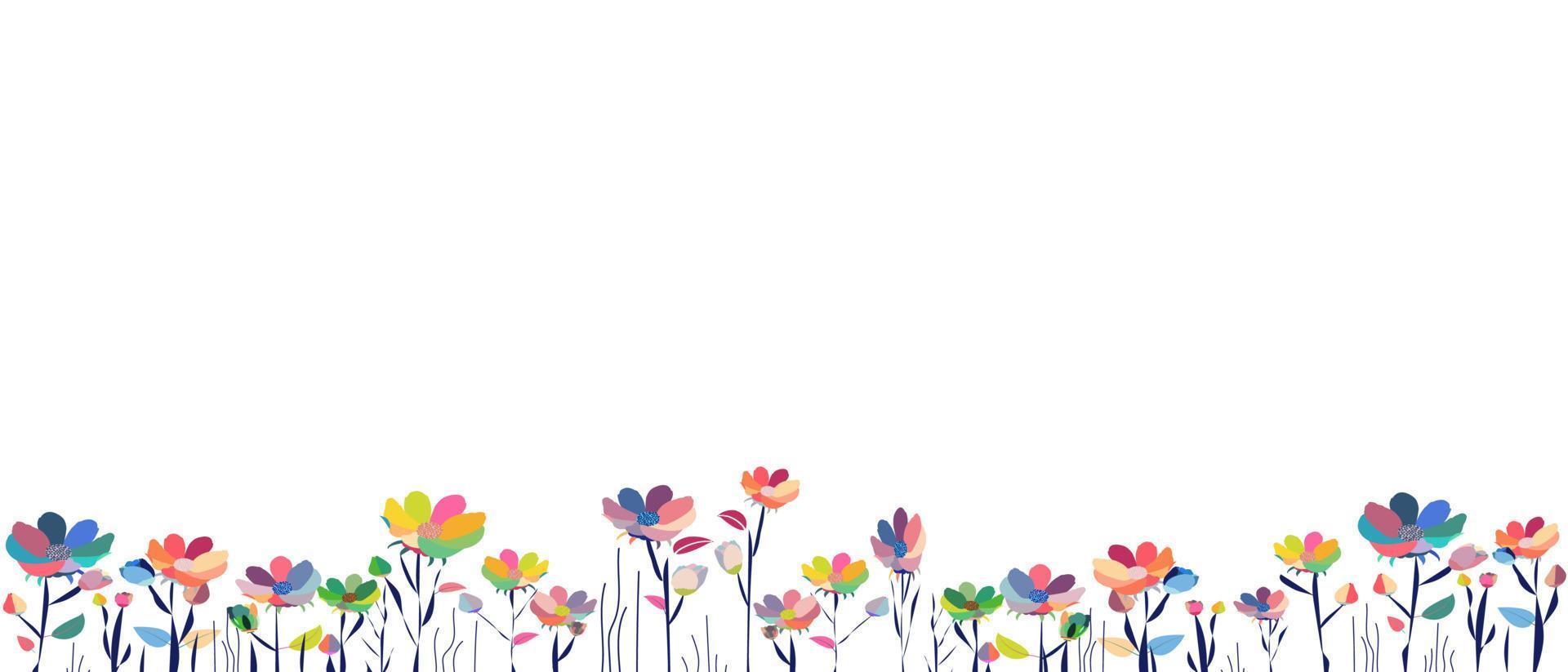 Horizontales weißes Banner oder floraler Hintergrund, dekoriert mit wunderschönen mehrfarbigen Blumen und Blättern Frühling botanische Grenze flach auf weißem Hintergrund. vektor