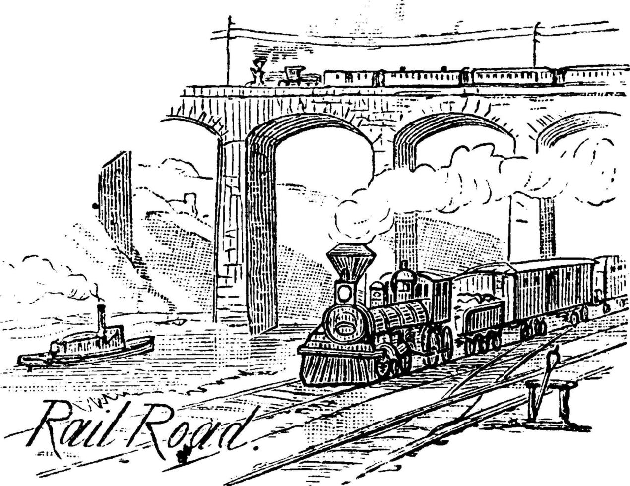 tåg rör på sig längs de järnväg, årgång illustration. vektor