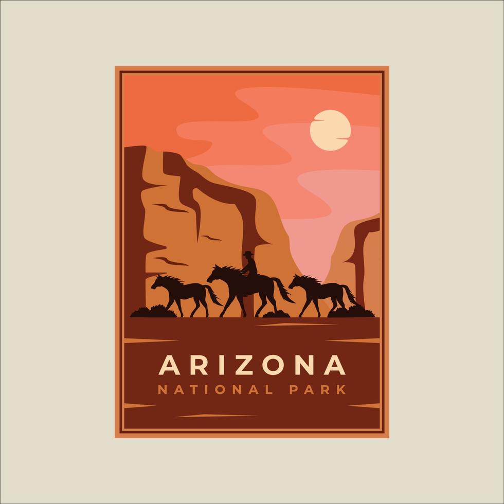 cowboy på häst minimalistisk årgång affisch illustration mall grafisk design. arizona nationell parkera med bergen och öken- begrepp för resa eller turism företag vektor