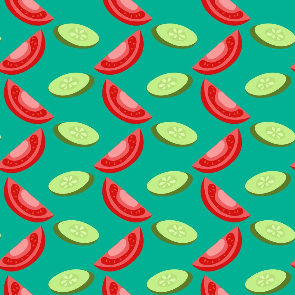 gurka och tomat, sömlös mönster på grön bakgrund. vektor