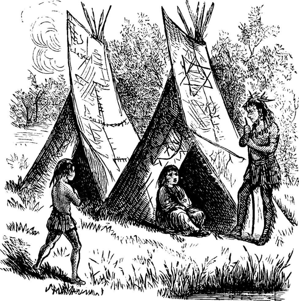 Wigwams Wetus Birkenrindenhäuser, Vintage Illustration vektor