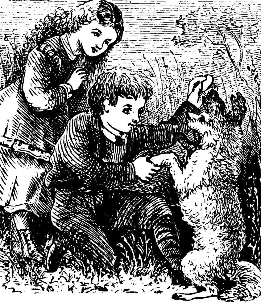 flicka och pojke med hund, årgång illustration. vektor