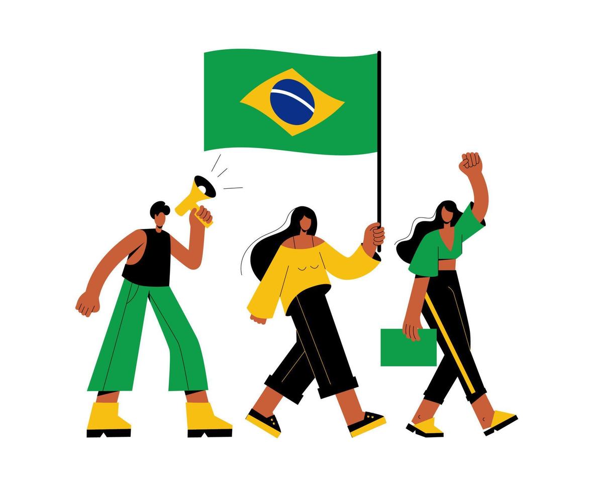 brasilianer tragen die flagge von brasilien und protestieren. Menschen schreien in ein Megafon und fordern Rechte. die Gewalt zu stoppen vektor