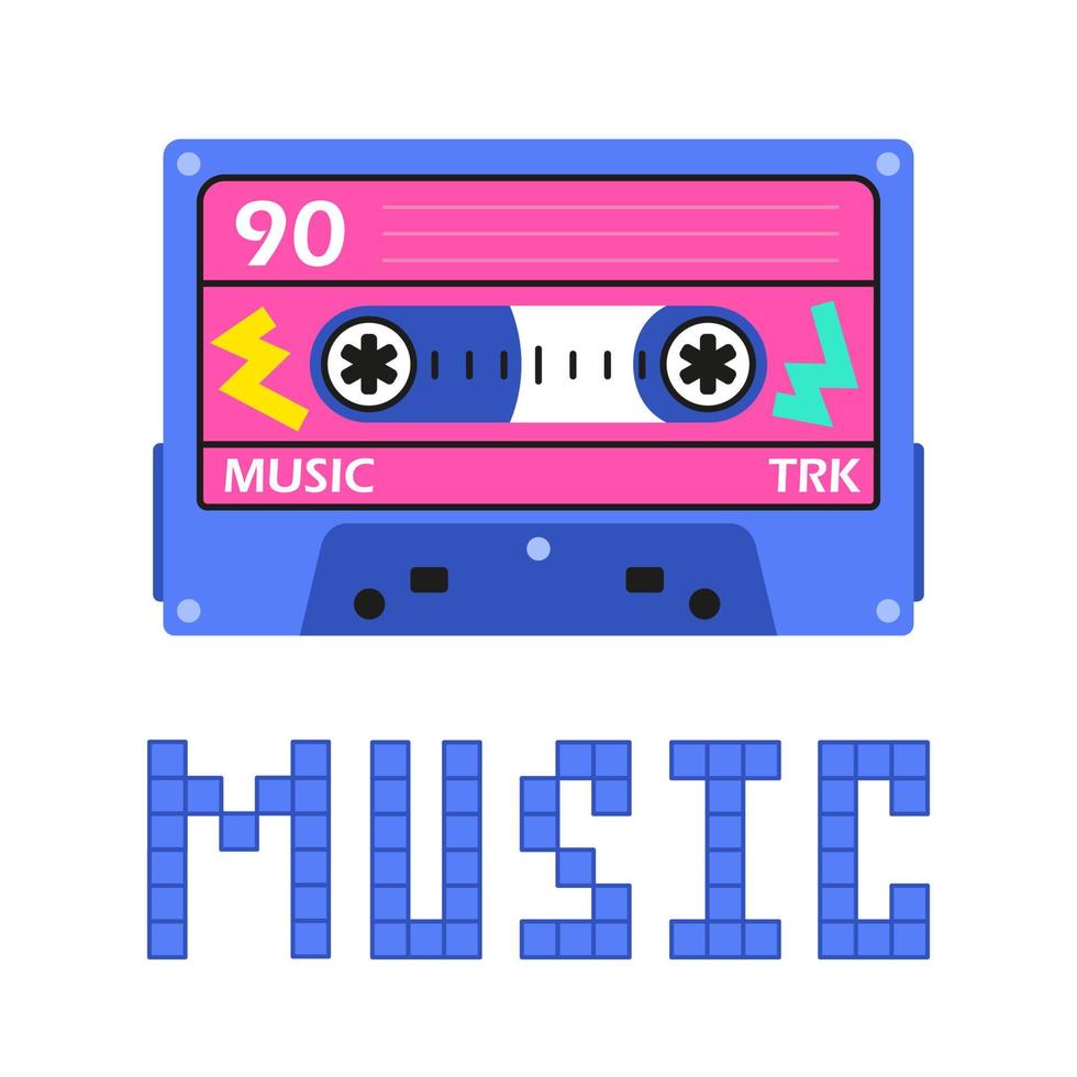 en ljus musik kassett 90-tal. nostalgi för ungdom, retrovåg. neon syra kassett för tejp inspelare vektor
