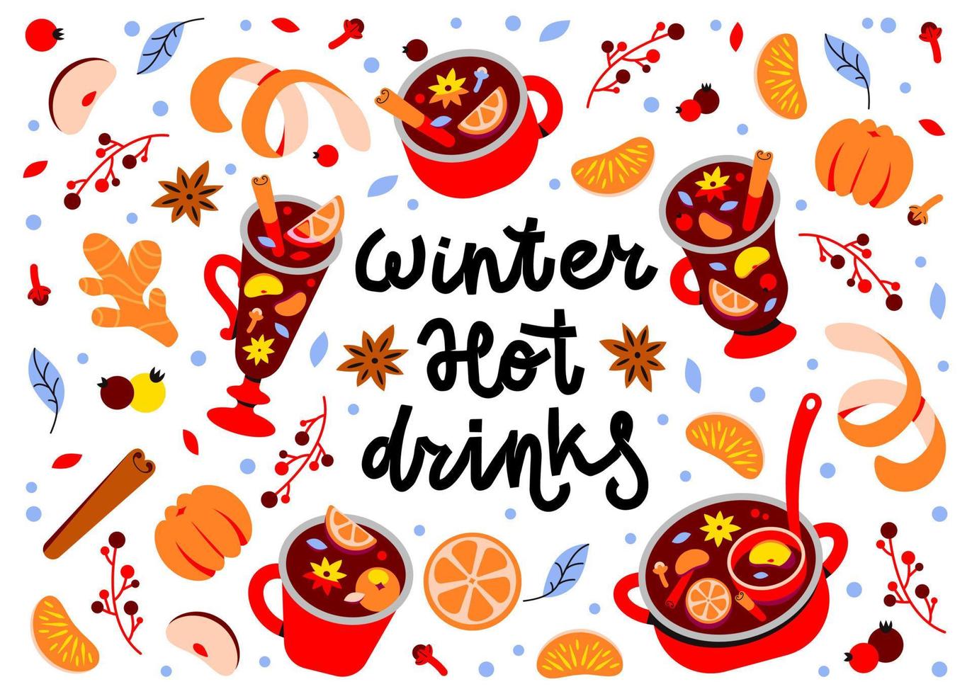 varm vinter- drycker är funderade vin, grogg, stansa eller sangria. vin i muggar och kryddor. jul bar meny vektor