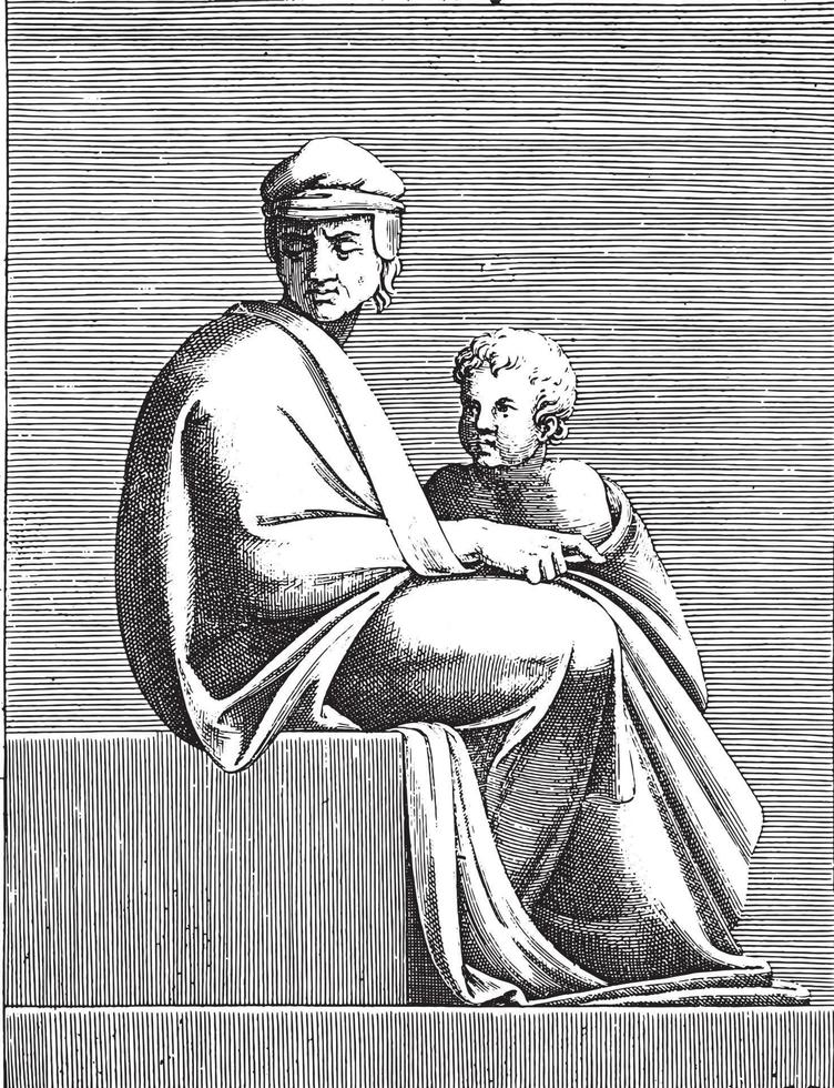 sittande man med barn, Adamo scultori, efter michelangelo, 1585, årgång illustration. vektor