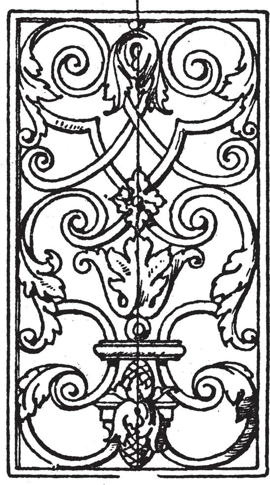 Die schmiedeeiserne längliche Platte ist ein Balustrade-Design aus dem 18. Jahrhundert, Vintage-Gravur. vektor