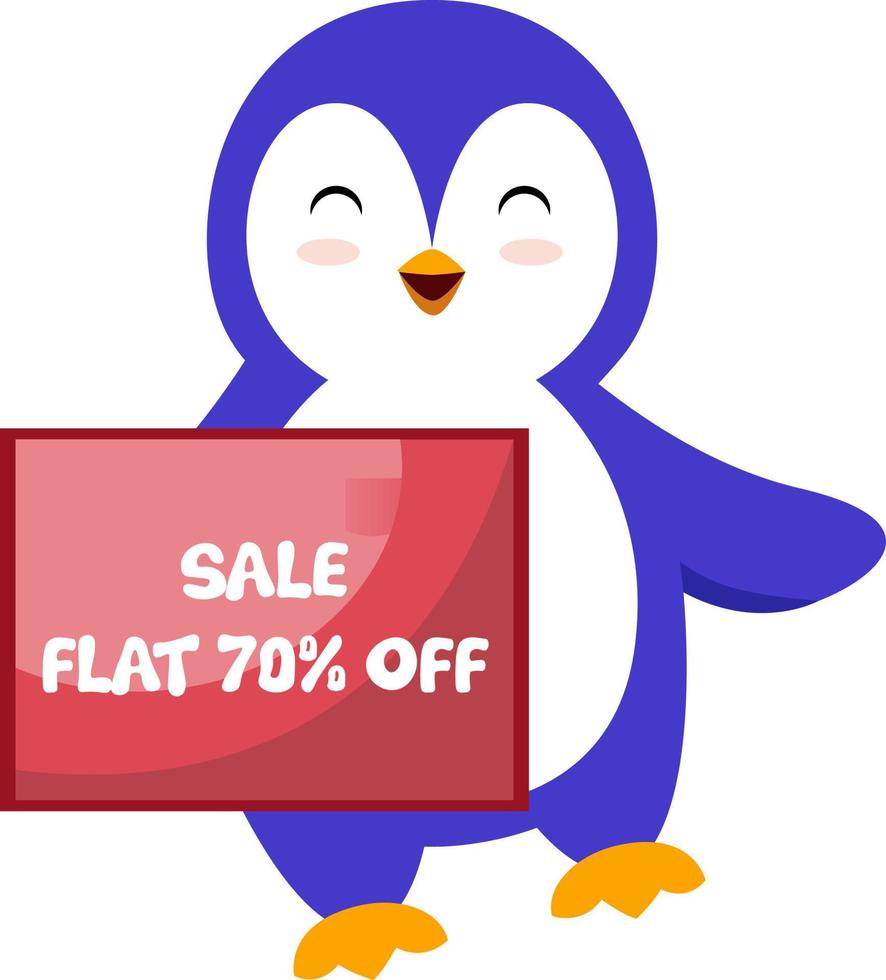 Pinguin mit Verkaufsschild, Illustration, Vektor auf weißem Hintergrund.