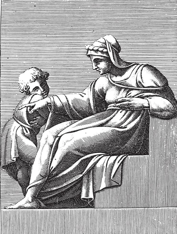 zeigende frau mit kind, adamo scultori, nach michelangelo, 1585, vintage illustration. vektor