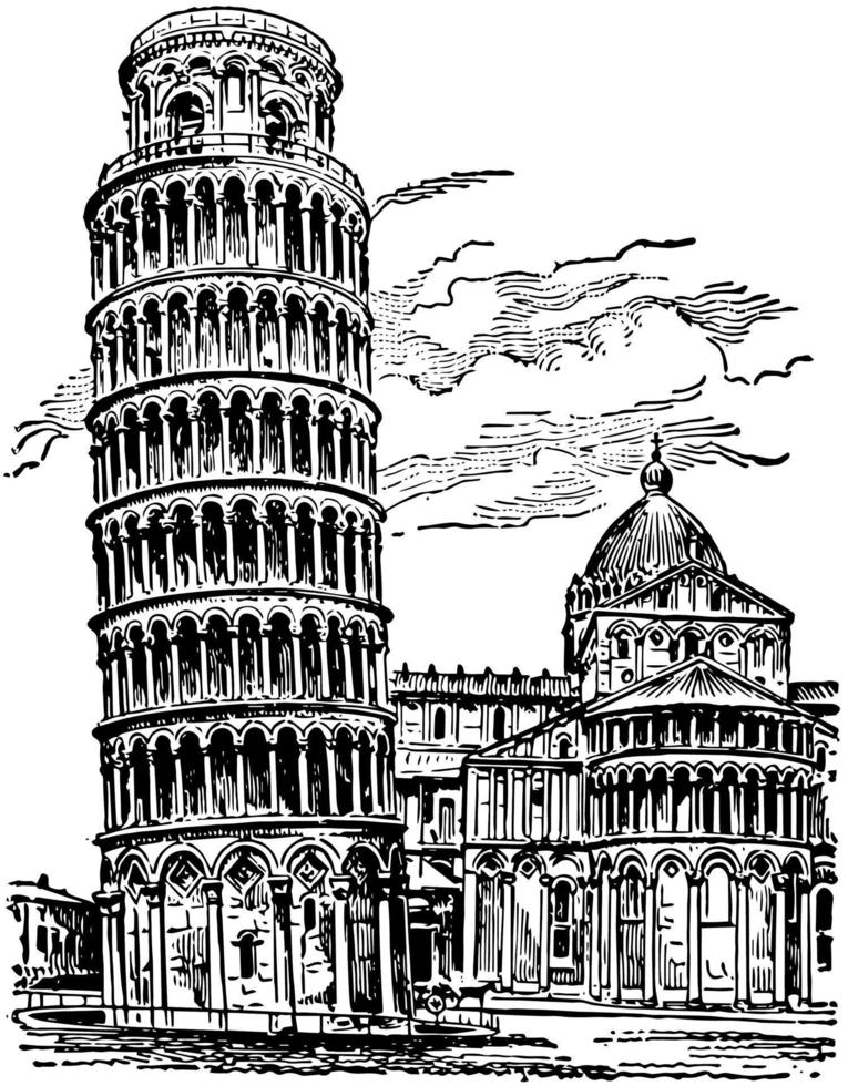Schiefer Turm von Pisa, die bemerkenswertesten Gebäude, Vintage-Gravur. vektor
