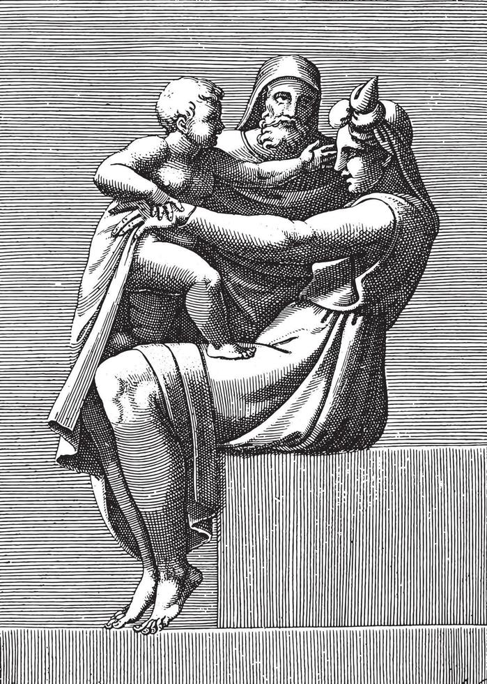 sittande kvinna med barn och gammal man, Adamo scultori, efter michelangelo, 1585, årgång illustration. vektor