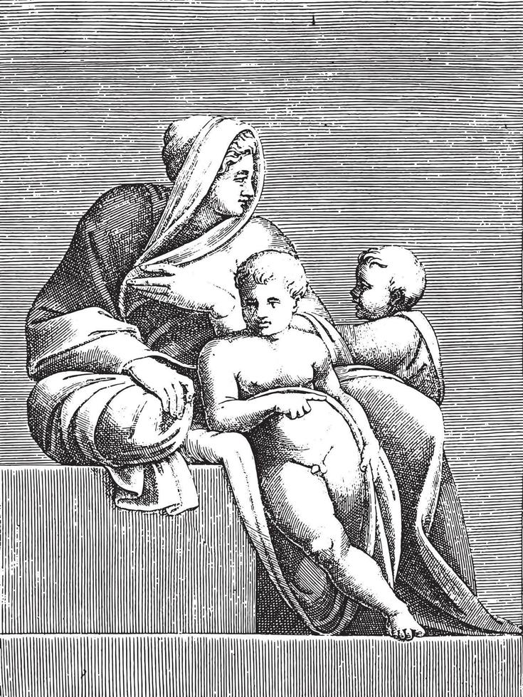 sittande kvinna med två barn, Adamo scultori, efter michelangelo, 1585, årgång illustration. vektor
