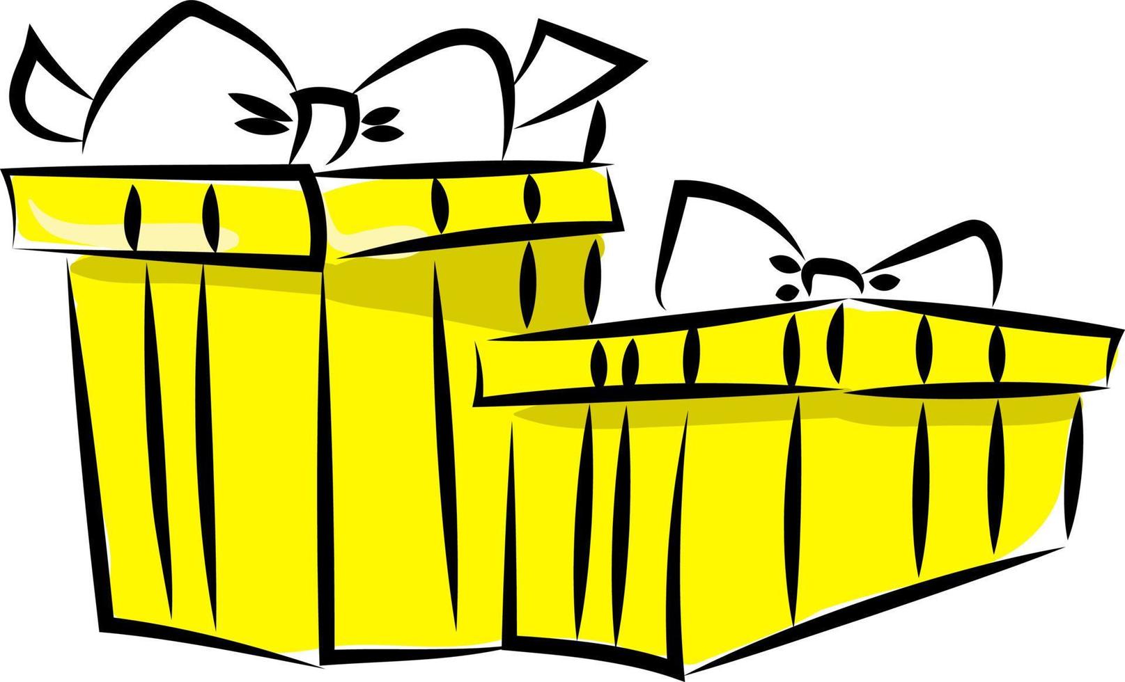 gelbe Geschenke, Illustration, Vektor auf weißem Hintergrund.