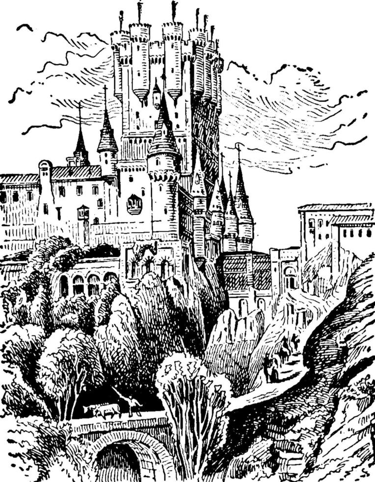 alcazar slott i segovia, spanien, årgång illustration. vektor
