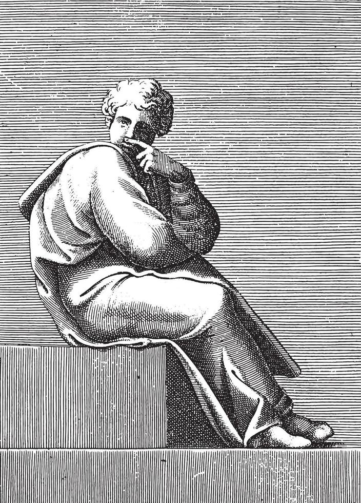 sittande ung man, Adamo scultori, efter michelangelo, 1585, årgång illustration. vektor