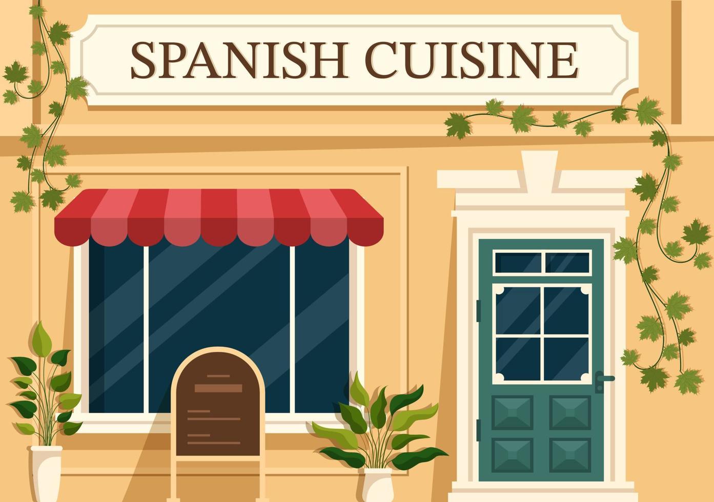 spanisches essen küche menü restaurant mit verschiedenen traditionellen gerichtrezepten auf flacher handgezeichneter vorlagenillustration der karikatur vektor