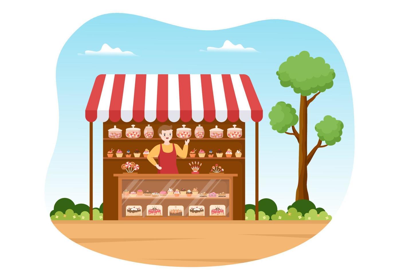 süßwarenladen, der verschiedene backwaren, cupcake, kuchen, gebäck oder süßigkeiten auf flachen handgezeichneten vorlagenillustrationen im cartoon-stil verkauft vektor