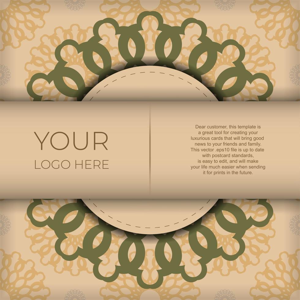 beige Färg vykort design med mandala prydnad. vektor inbjudan kort med plats för din text och abstrakt mönster.