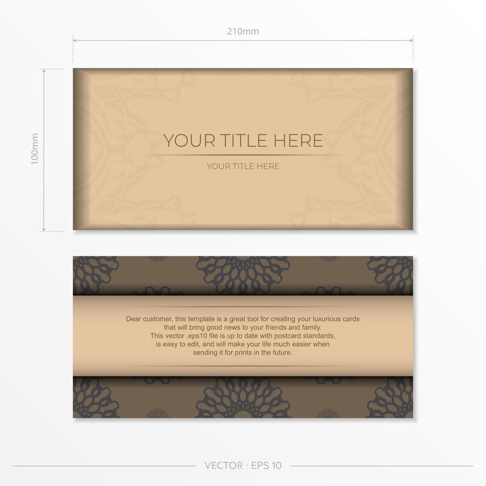 mall för skriva ut design vykort i beige Färg med mandala mönster. vektor förberedelse av inbjudan kort med plats för din text och abstrakt prydnad.