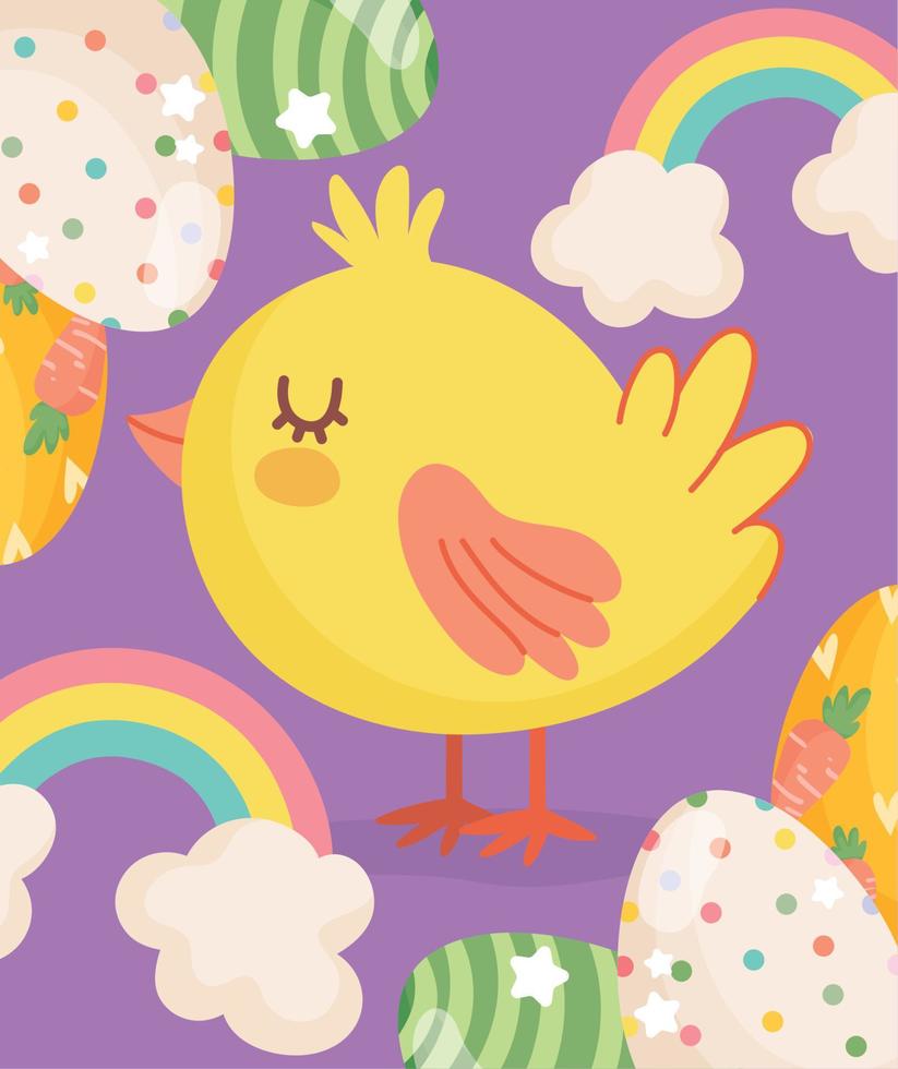 Lycklig påsk söt kyckling ägg regnbåge moln kort vektor