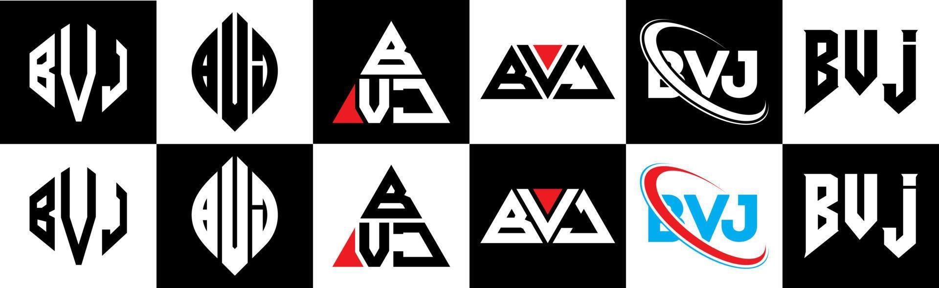 bvj-Brief-Logo-Design in sechs Stilen. bvj Polygon, Kreis, Dreieck, Sechseck, flacher und einfacher Stil mit schwarz-weißem Buchstabenlogo in einer Zeichenfläche. bvj minimalistisches und klassisches Logo vektor