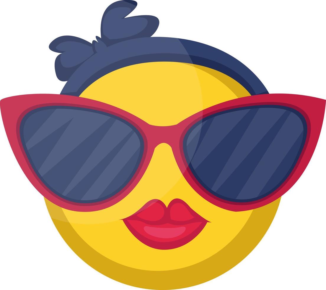 rundes weibliches Emoji-gelbes Gesicht mit rosa Lippen und großer Sonnenbrille, Vektorgrafik auf weißem Hintergrund vektor