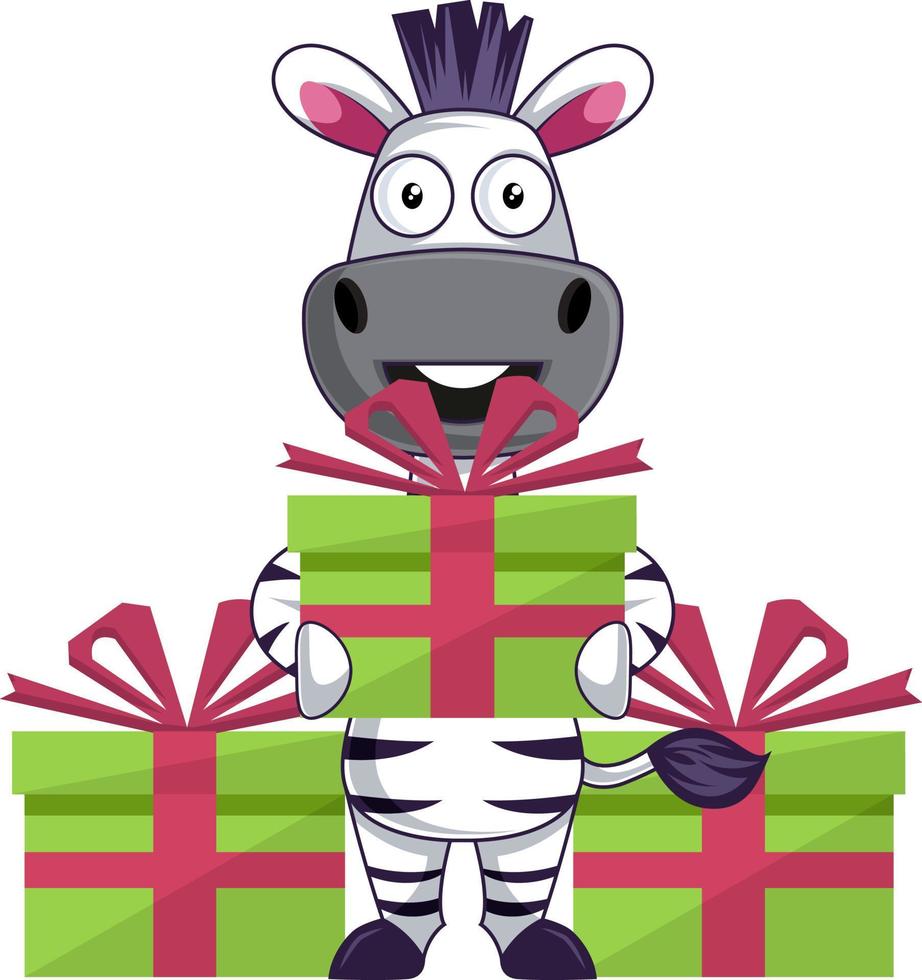 Zebra mit Geburtstagsgeschenk, Illustration, Vektor auf weißem Hintergrund.