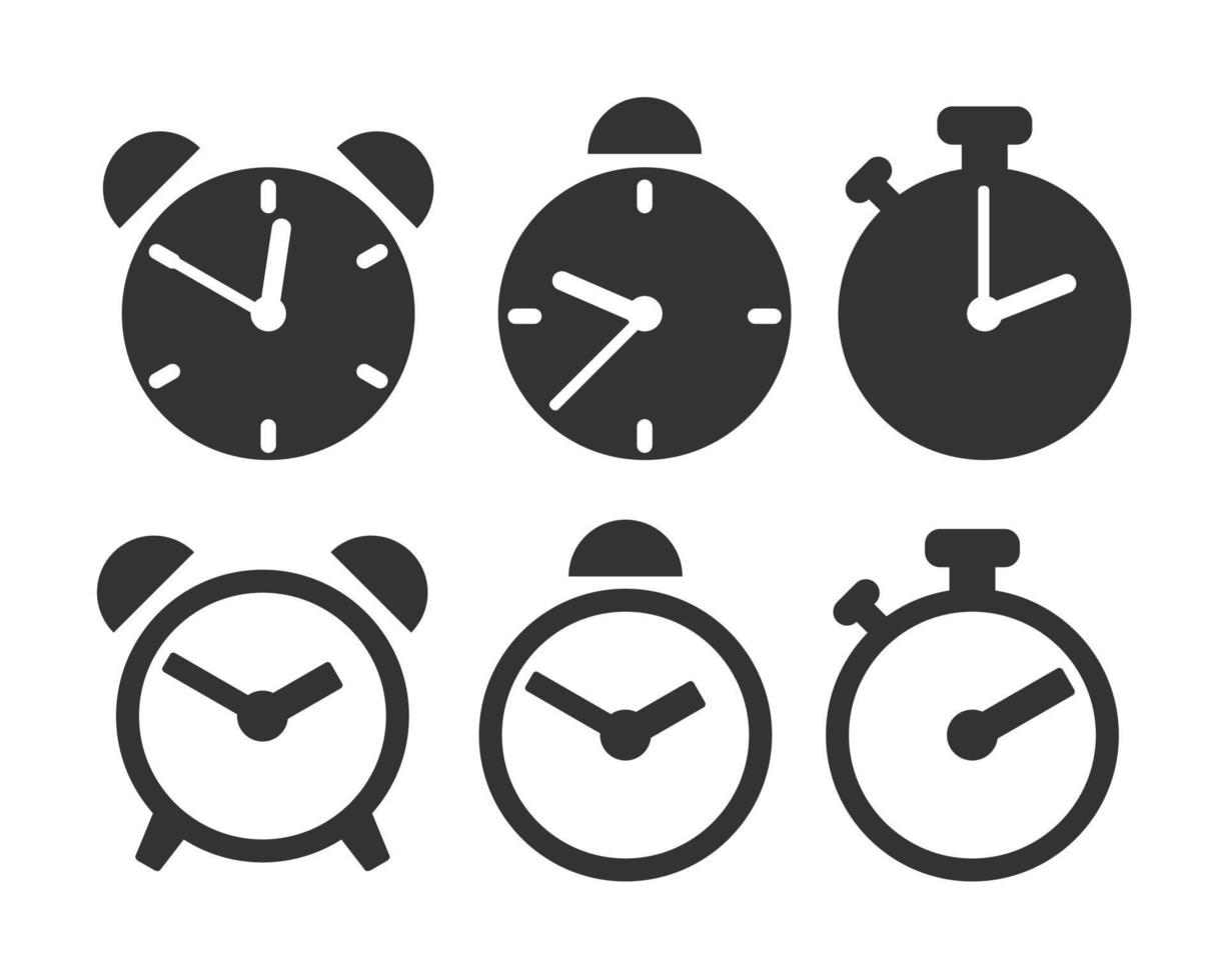 satz von strichgrafikzeit, uhr, wecker, stoppuhr, schwarze silhouette, symboldesign vektor