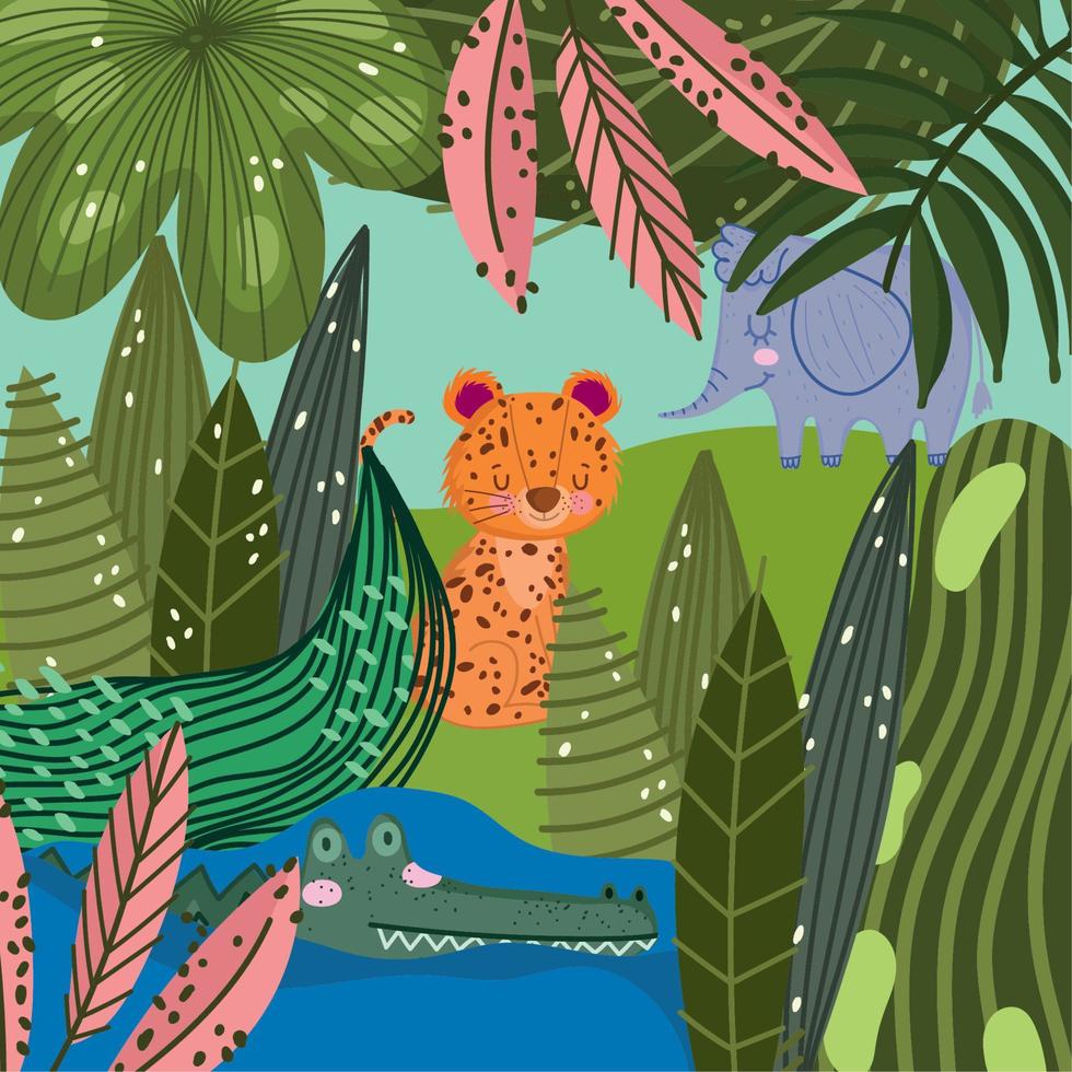 söt elefant leopard och krokodil i de vatten lövverk natur tecknad serie vektor
