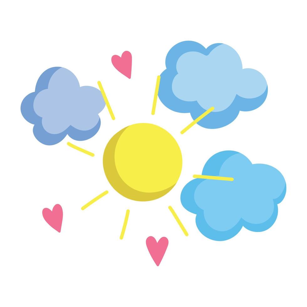 Cartoon Sonne Wolken und Herzen Dekoration Symbol isoliert Design vektor