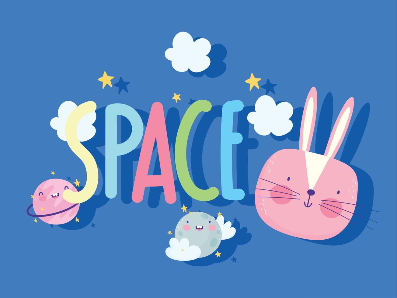 Weltraum Kaninchen Gesicht Planeten Wolken Sterne Cartoon niedlichen Text vektor