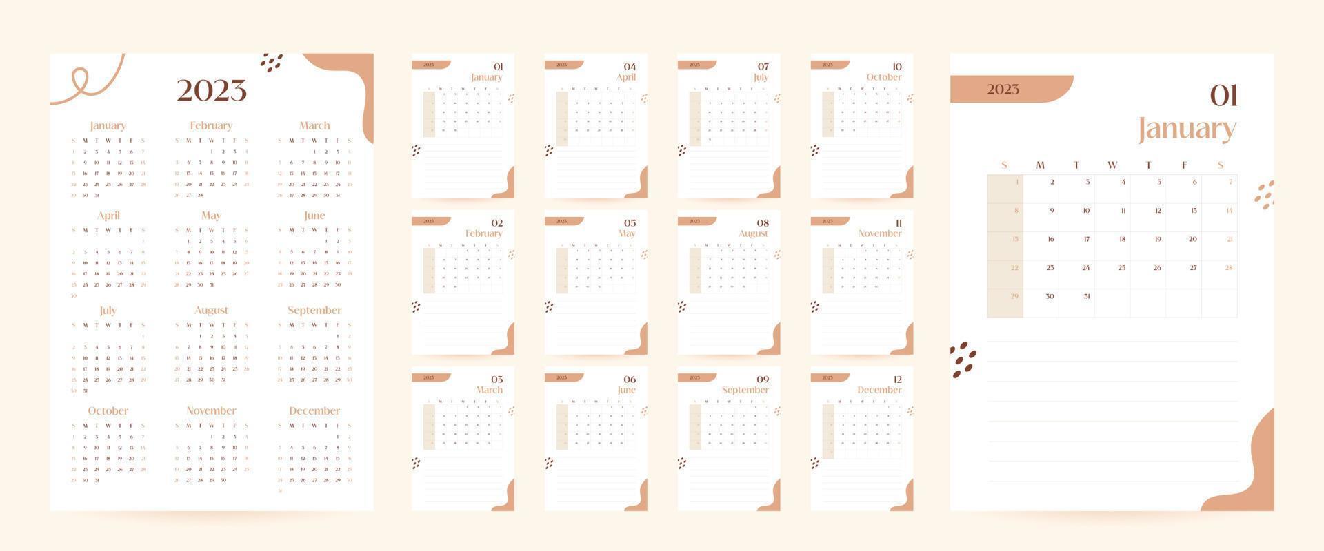 monatliche wandkalender 2023 vorlage im trendigen minimalistischen stil, coverkonzept, woche beginnt am sonntag, 2023 minimales kalenderplanerdesign zum druck der vorlage in beige vektor