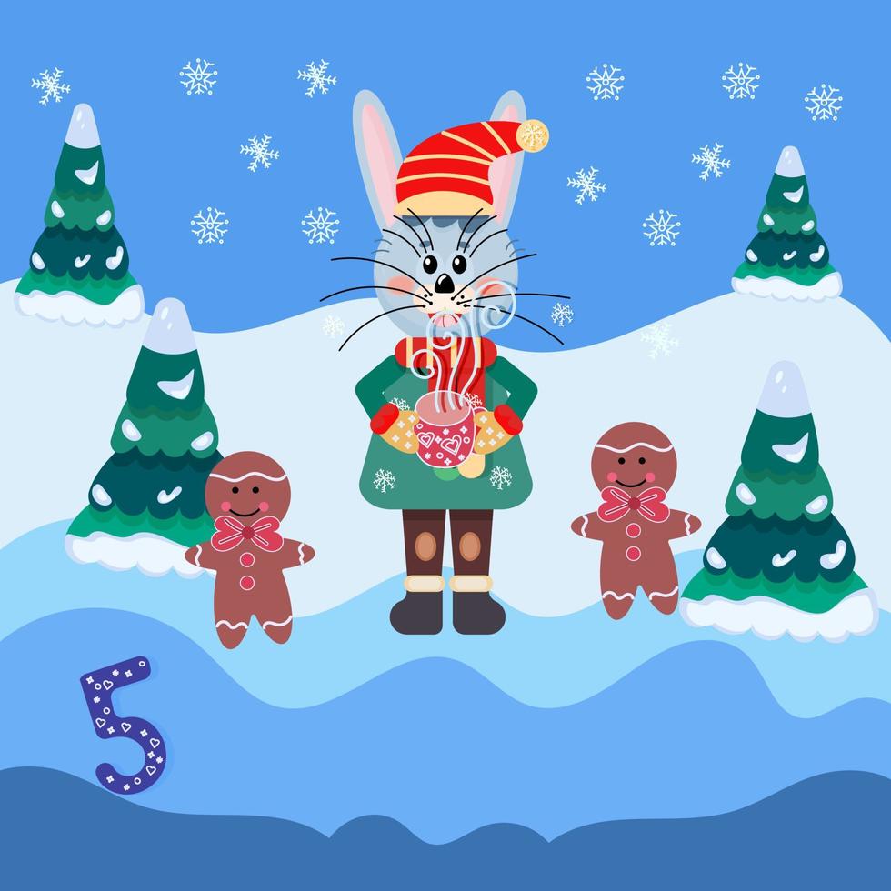 fünfter Tag des Neujahrs-Adventskalenders. süßes häschen trinkt heißen kakao, lebkuchen tanzen in der nähe. Vektor-Cartoon-Illustration. vektor