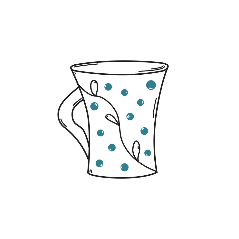 handgezeichnete Tasse mit Pflanzenornament und bunten Punkten im Doodle-Stil, Vektorillustration isoliert auf weißem Hintergrund. schwarzer umriss, dekoratives gestaltungselement, geschirr vektor