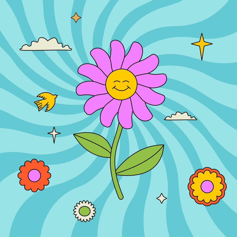 bunte groovige illustration mit lächelnder blume, sternen, gänseblümchen und wolken. funky umrissener Patch. vektor