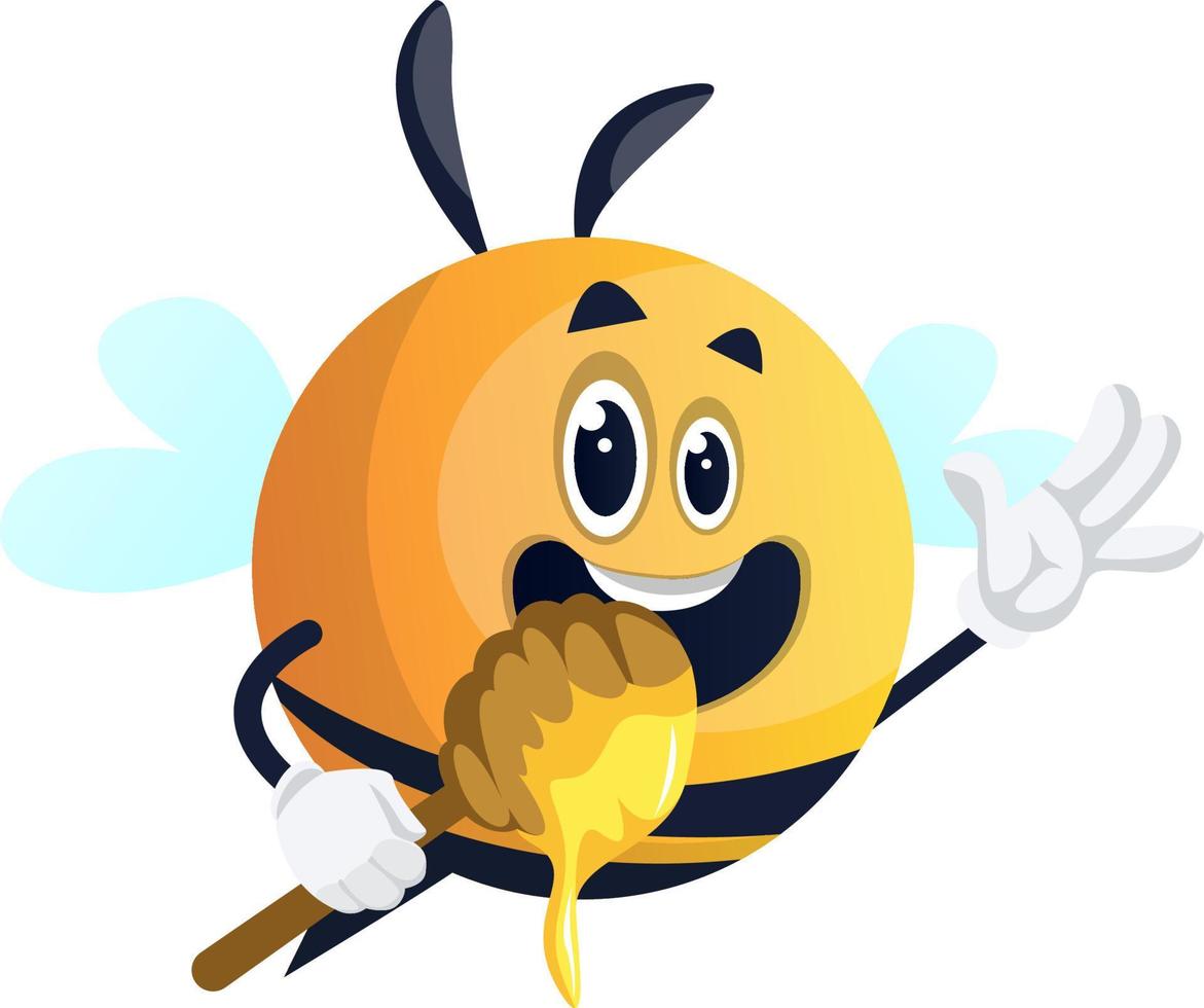 Biene winkt und hält Löffel, Illustration, Vektor auf weißem Hintergrund.