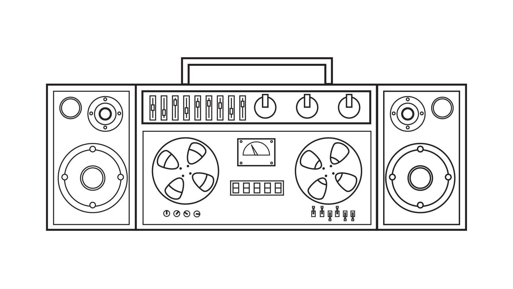 gammal retro årgång musik kassett tejp inspelare med magnetisk tejp på rullar och högtalare från de 70-talet, 80-tal, 90-tal. svart och vit ikon. vektor illustration